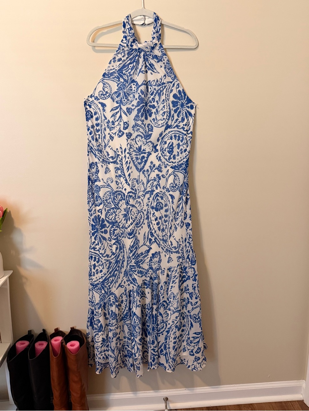 1. State Blue and White Halter Paisley Maxi Dress